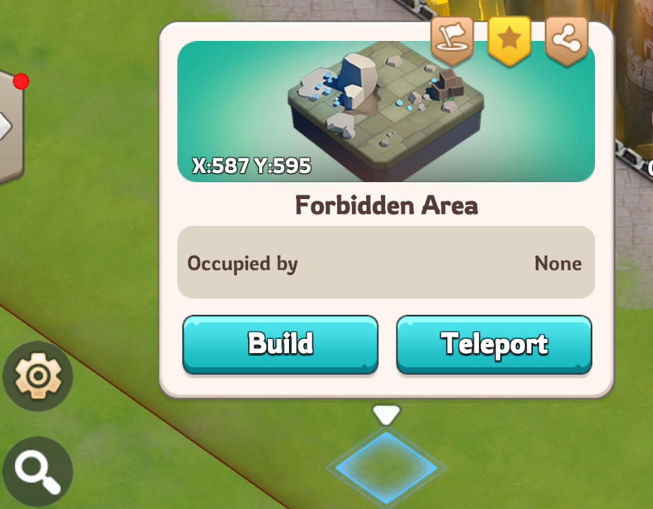 Forbidden Area tile info popup showing Build and Teleport options