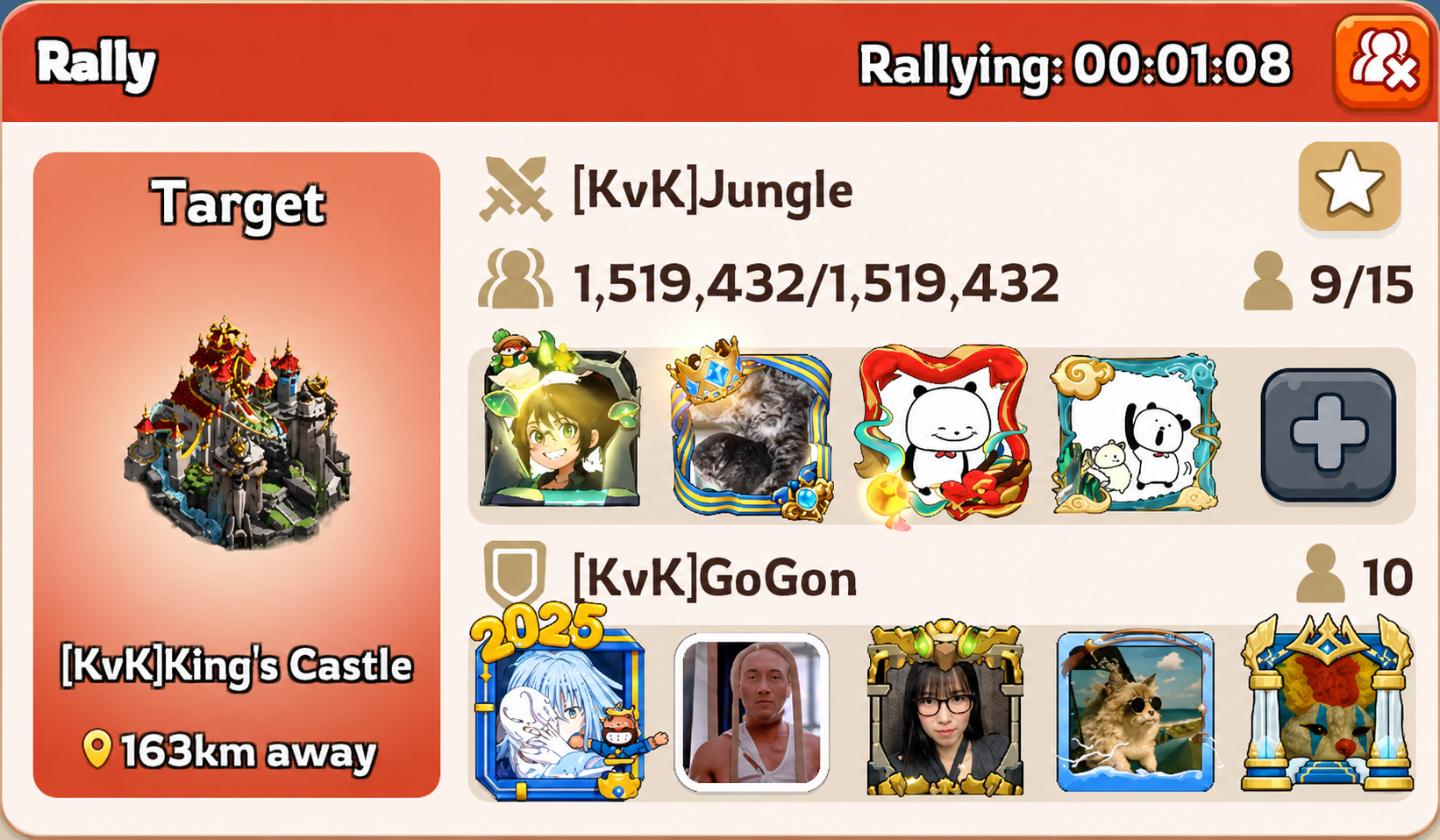 Rally screen showing an attacking rally team and a defending team facing off over the King's Castle