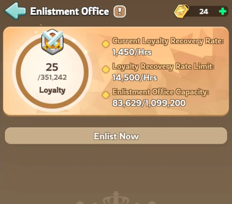 Enlistment Office screen showing Loyalty recovery rate and Enlistment Office capacity