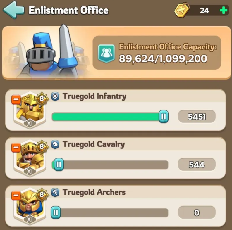 Enlistment Office screen showing troops being recovered by type: Infantry, Cavalry, Archers